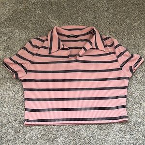 Shein Pink & Navy Blue Striped Polo Crop Top Size Medium